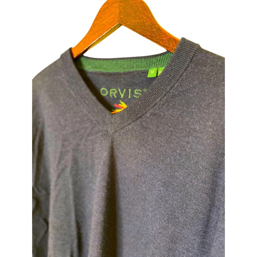 Orvis Mens Navy 100% Merino Wool‎ V-Neck Sweater Size Medium Embroidered Logo - Picture 5 of 8